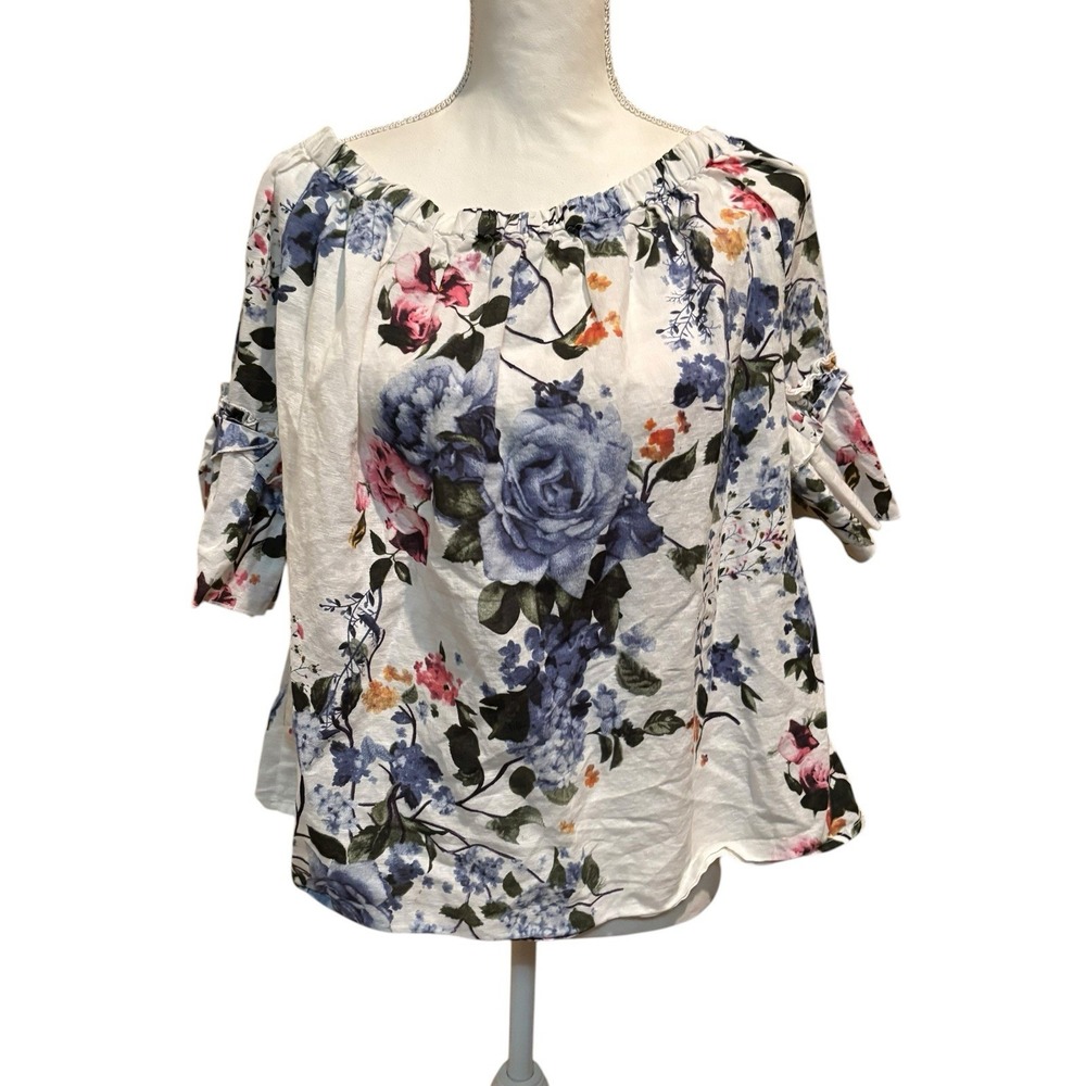 Hester & Orchard Women's‎ XL Linen Blend Floral Peasant Blouse Off Shoulder